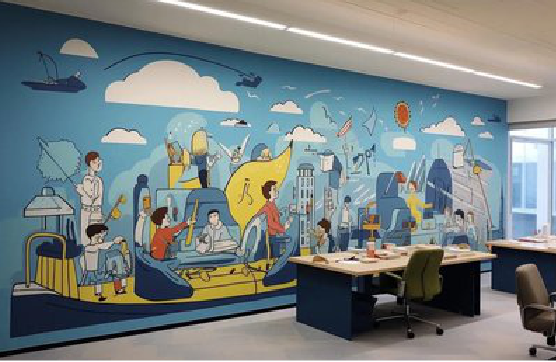 大方办公室墙绘的特点。